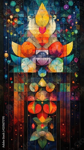 Obraz na płótnie A vibrant symmetrical artwork featuring geometric shapes floral motifs and cosmic elements. Perfect for wall art tapestries or phone cases. w salonie