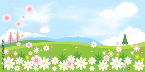 Spring template with beautiful flowers. Landscape of peaceful hills and trees. All layered and grouped. Vector.