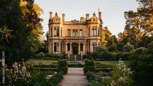 Grand Victorian mansion with lush gardens.