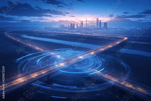 Futuristic city highway intersection at night with glowing digital interface.