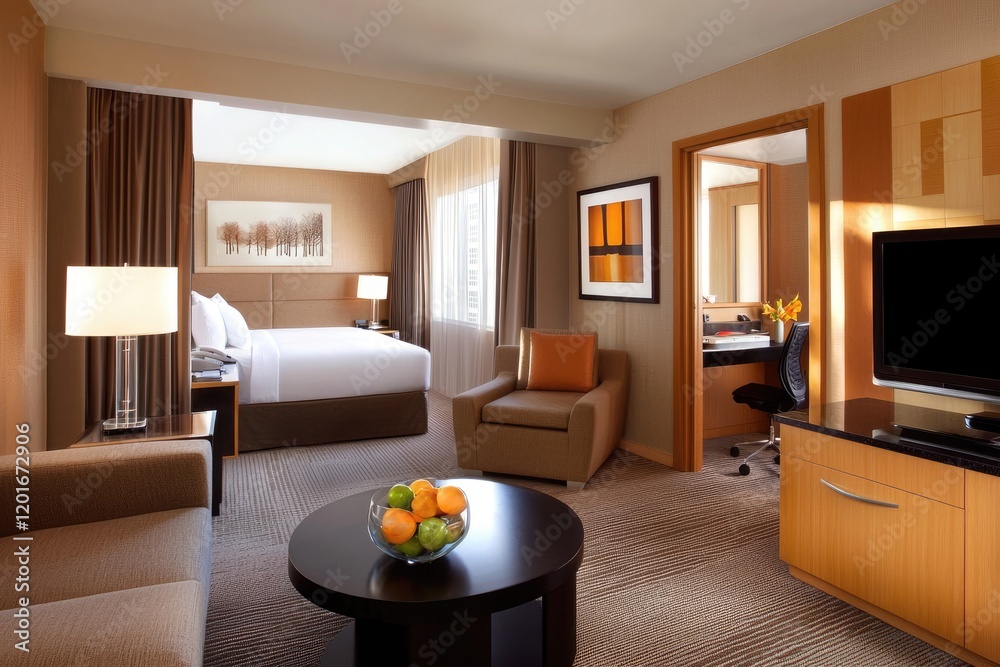 Fototapeta premium Interior of a contemporary suite with minimalist furniture, neutral tones, and natural light