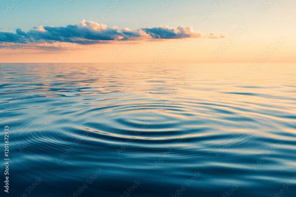 Tranquil Scene of Calm Ocean Waters Reflecting Golden Light and Soft Clouds at Sunset, Capturing a Serene Moment in Nature's Beauty Tranquil Scene of Calm Ocean Waters Reflecting Golden Light and Soft Clouds at Sunset, Capturing a Serene Moment in Nature's Beauty