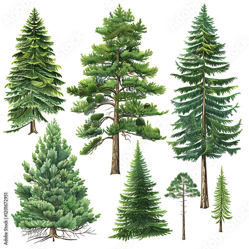 set of fir branches , many christmas trees isolated on white , set of fir trees isolated , branches 


