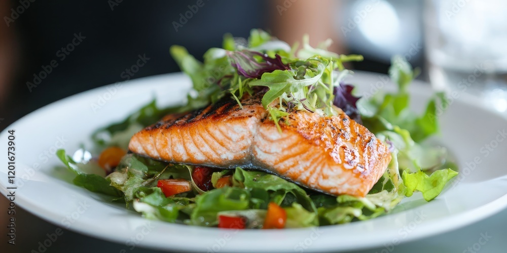 Fresh green salad featuring delicious salmon presented on a white plate, perfect for a healthy meal. Enjoy this vibrant green salad with salmon for a delightful dining experience. Fresh green salad featuring delicious salmon presented on a white plate, perfect for a healthy meal. Enjoy this vibrant green salad with salmon for a delightful dining experience.