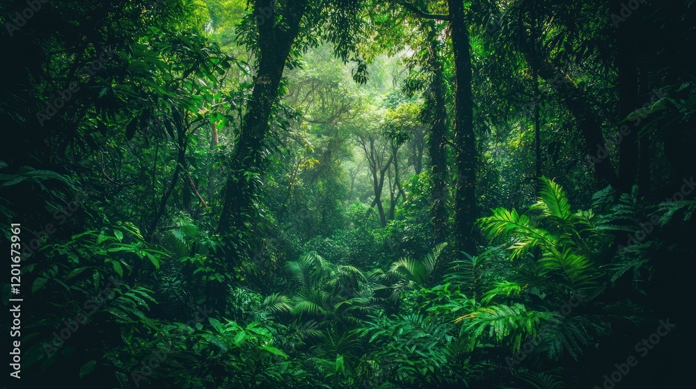 Obraz premium Lush, green rainforest with misty atmosphere and dense foliage.