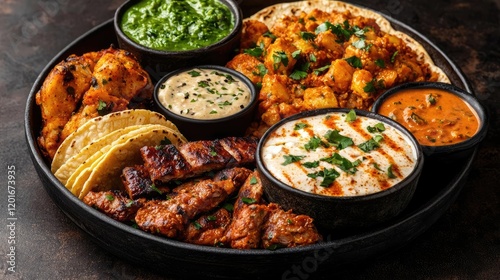 Wallpaper Mural Indian food platter with various meats, sauces, and flatbread Torontodigital.ca