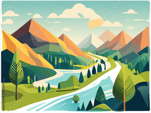 An illustration of a beautiful landscape with a winding river in the center. The river is surrounded by lush green trees and shrubs on both sides