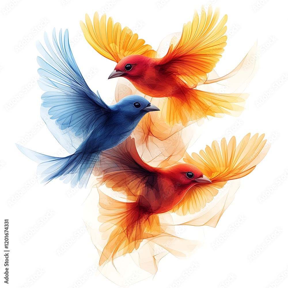 Fototapeta premium Vibrant geometric birds in flight, forming an abstract avian symphony, white background, graceful formations, lively energy, vector graphic, simple, geometric 