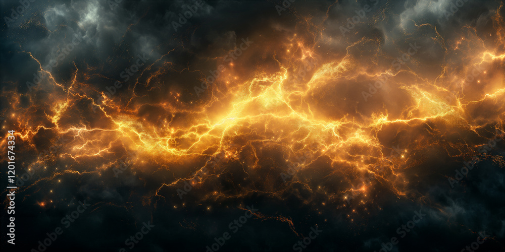 Fototapeta premium Golden lightning illuminating a dark sky during a fierce storm. Generative AI