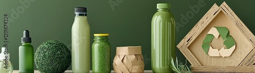 Eco-friendly containers and green lifestyle items. consumer trends, sustainability, minimalism consumer trends, sustainability