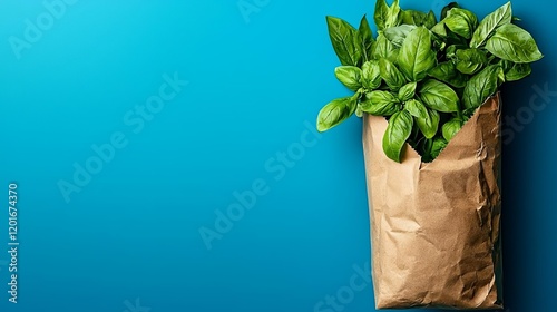 Fresh basil in a paper bag on a blue background. consumer trends, sustainability, minimalism consumer trends, sustainability
