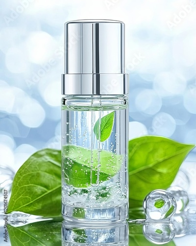 Refreshing essence in glass bottle with leaf. consumer trends, sustainability, minimalism consumer trends, sustainability