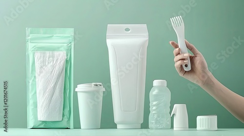 Collection of eco-friendly food packaging items. consumer trends, sustainability, minimalism consumer trends, sustainability