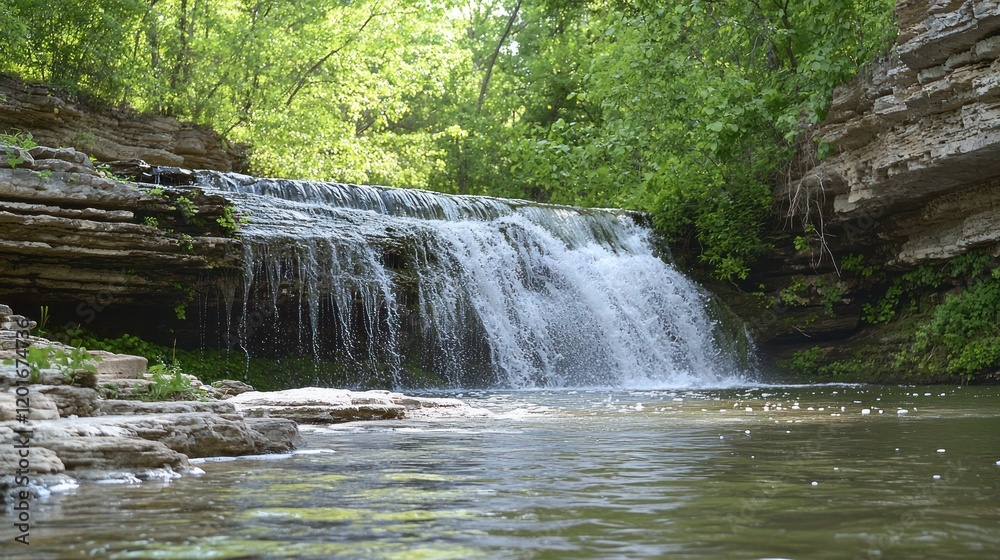 Fototapeta premium Serene waterfall cascading over rocks into a calm pool, surrounded by lush greenery.