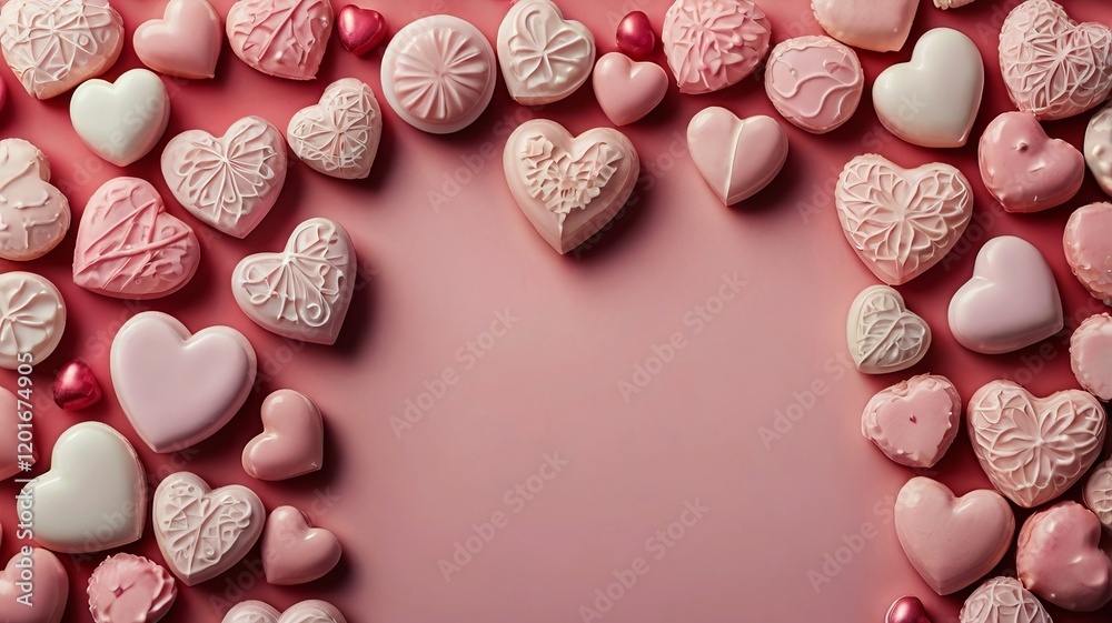 Romantic Heart-Shaped Candies Border on Pink Backdrop for Valentine’s Day Romantic Heart-Shaped Candies Border on Pink Backdrop for Valentine’s Day