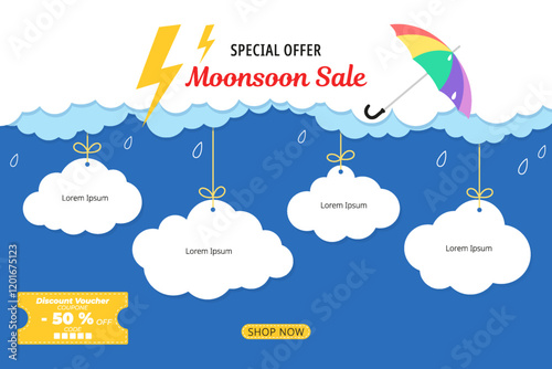 Monsoon mega sale and yellow thunder on cloud. Shopping under umbrella in rain with special offer sale campaign promotion. All layered and grouped. Vector.