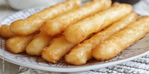 Fried bread sticks, often referred to as Youtiao or Cakoi, are a beloved delicacy. These fried bread sticks, enjoyed in various cuisines, are particularly popular with coconut jam. photo