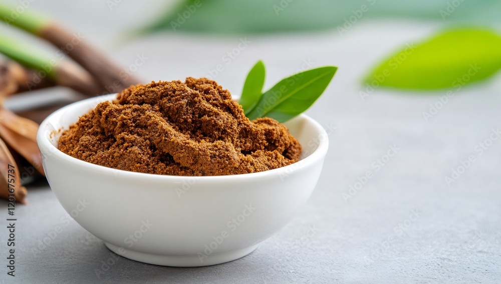 Aromatic spice powder in bowl, leaves, grey background. Use food, beauty, health Aromatic spice powder in bowl, leaves, grey background. Use food, beauty, health