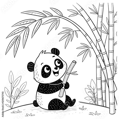 panda with bamboo . black and white simple line art. Perfect for kids' coloring activities.
