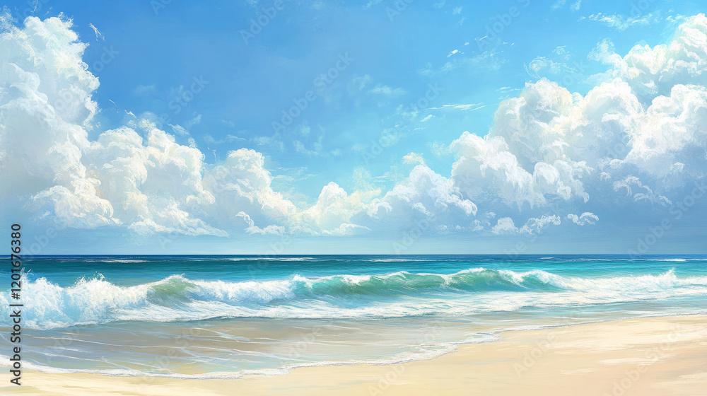 serene beach painting with turquoise ocean waves under a cloudy sky: a digital seascape artwork of a tranquil summer landscape featuring white sandy shores and pastel beach colors