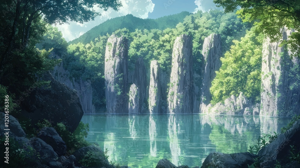 Fototapeta premium Serene lake nestled amidst lush greenery and towering rock formations.