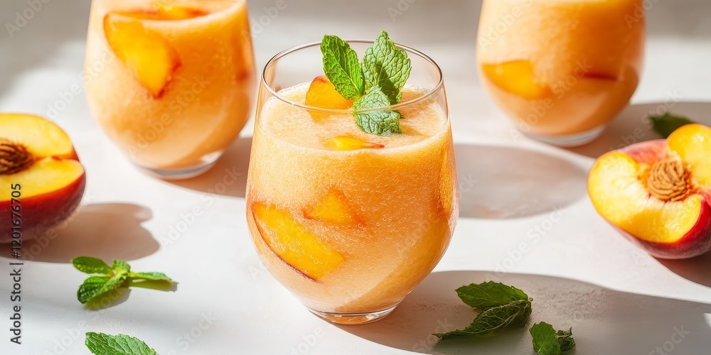 Glasses filled with a peach smoothie infused with mint, featuring a contemporary stemless design, set against a bright, light colored background. Glasses filled with a peach smoothie infused with mint, featuring a contemporary stemless design, set against a bright, light colored background.