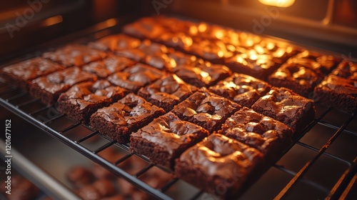 A hot oven with a pan of brownies baking inside, glowing softly with a warm orange light from the oven