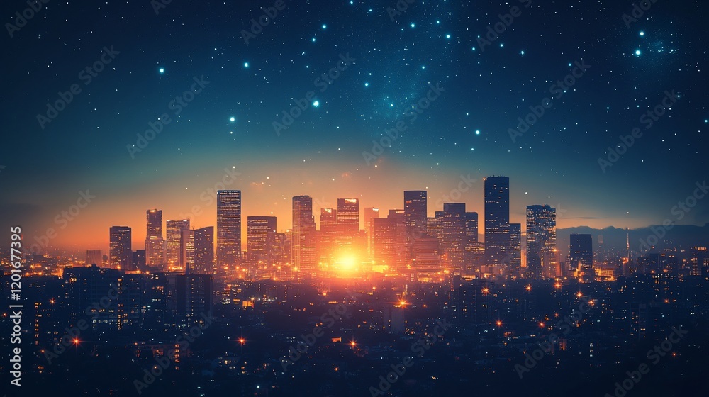 Obraz premium Cityscape sunrise, stars, night sky, urban scene, travel