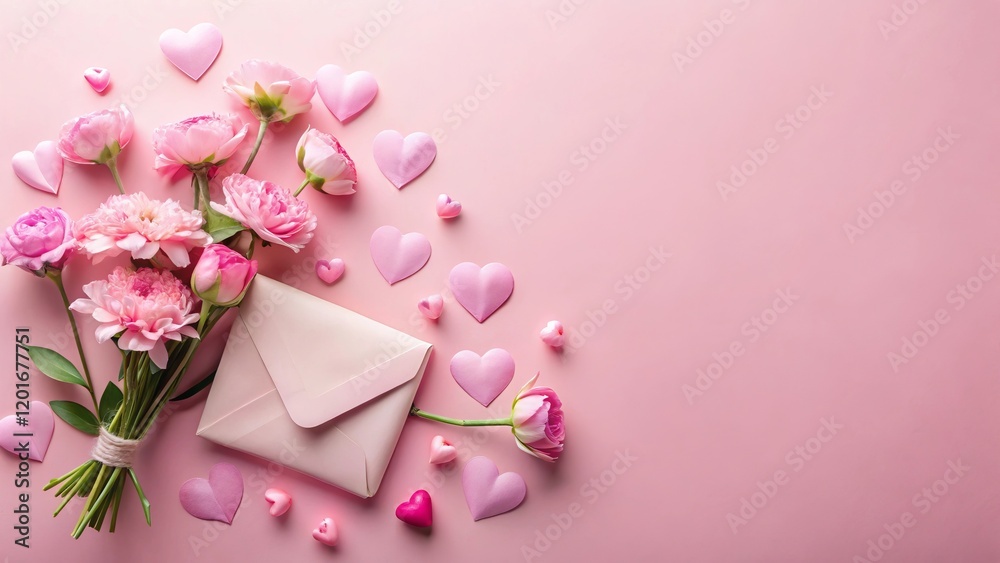 Valentine’s Day Flat Lay with Pink Flowers, Envelope, and Hearts on Pastel Pink Background Valentine’s Day Flat Lay with Pink Flowers, Envelope, and Hearts on Pastel Pink Background