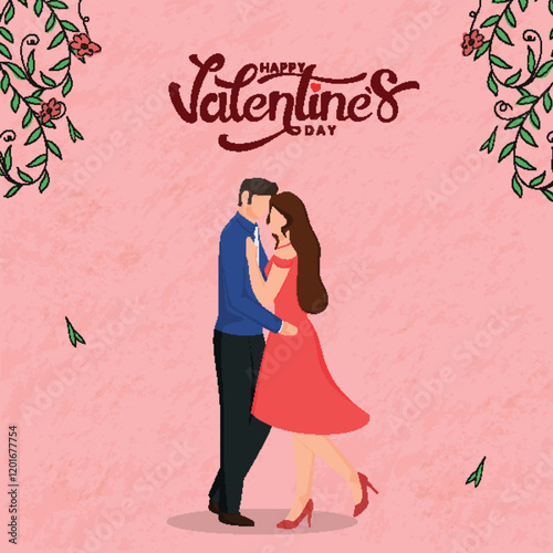 Happy Valentine's Day Greeting Card with Faceless Couple Character in Dancing Pose.