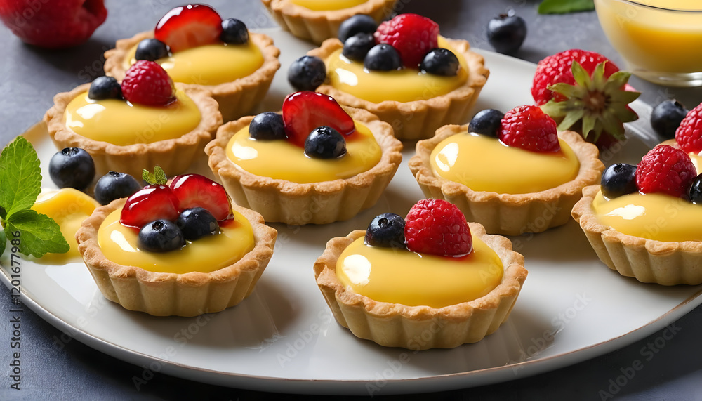 Tartlets with fruit filling and custard topped with raspberries and blueberries served on a white plate Tartlets with fruit filling and custard topped with raspberries and blueberries served on a white plate