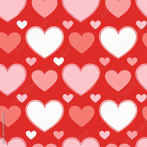 A seamless pattern of multiple pink hearts on a red background. The hearts are arranged in a repeating pattern, with each heart having a different size and shape