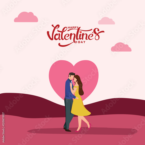 Happy Valentine's Day Greeting Card with Cartoon Couple Character in Dancing Pose.