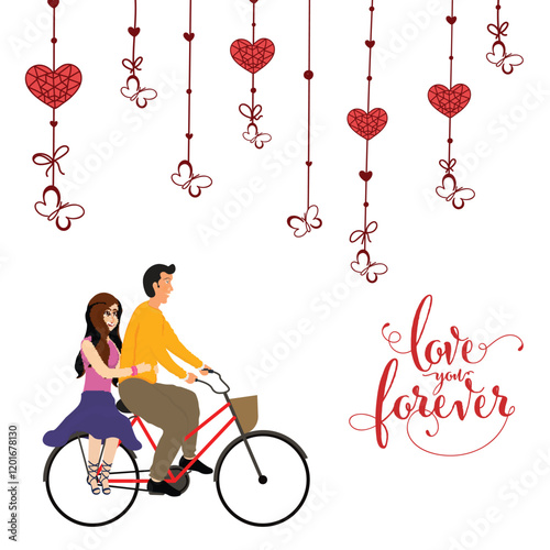 Love You Forever Text with Cartoon Couple Riding Bicycle and Hearts Decorated on White Background for Happy Valentine's Day Celebration.