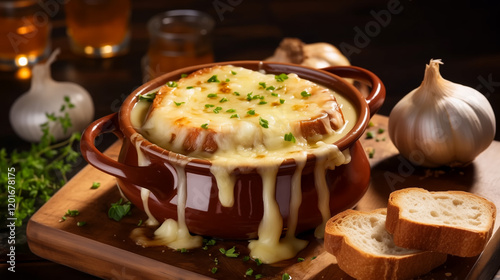 A rustic bowl of French garlic veloute soup topped with cheese crouton and fresh herbs. Melted cheese elegantly dripping over the edges. Slices of bread and whole garlic bulbs on background.