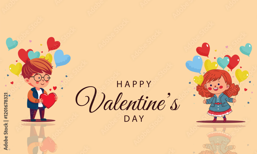 Happy Valentine's Day Banner Design with Cute Boy and Girl Holding Hearts, Balloons on Yellow Background. Happy Valentine's Day Banner Design with Cute Boy and Girl Holding Hearts, Balloons on Yellow Background.