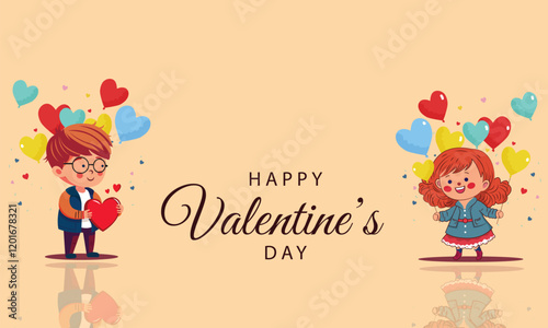 Happy Valentine's Day Banner Design with Cute Boy and Girl Holding Hearts, Balloons on Yellow Background.