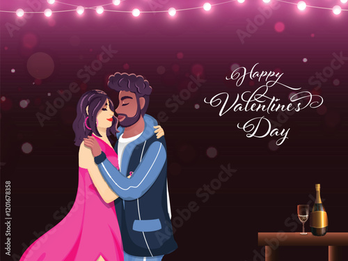 Happy Valentine's Day Poster Design with Romantic Couple Standing in Front of Champagne Bottle and Glass on Table.