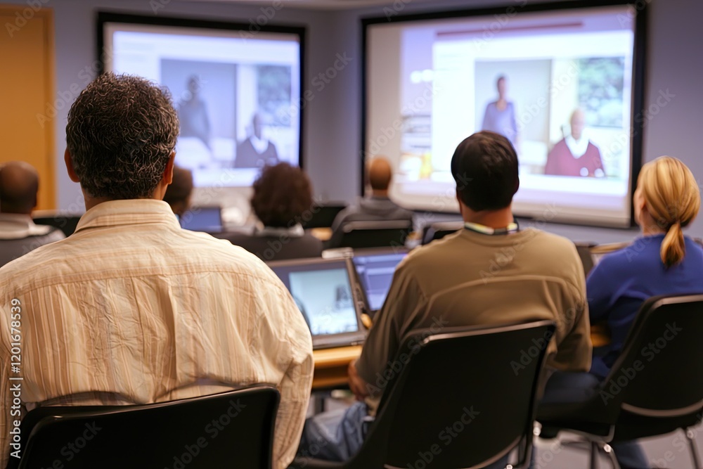 Fototapeta premium mixed learning styles workshop with adults interacting through multimedia presentations and discussions