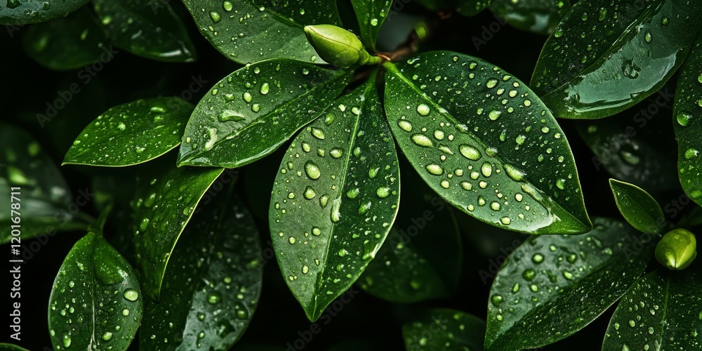 Fototapeta premium Glistening drops of water adorn the glossy dark green gardenia leaf, enhancing the beauty of the dark green gardenia leaf in any natural setting.
