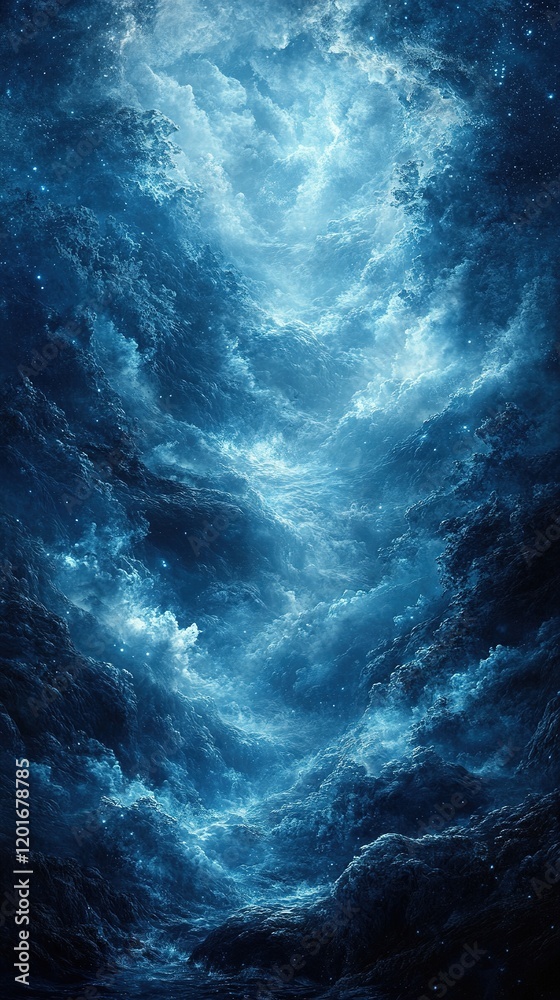 Fototapeta premium Dramatic blue sky with swirling clouds, light shining through.