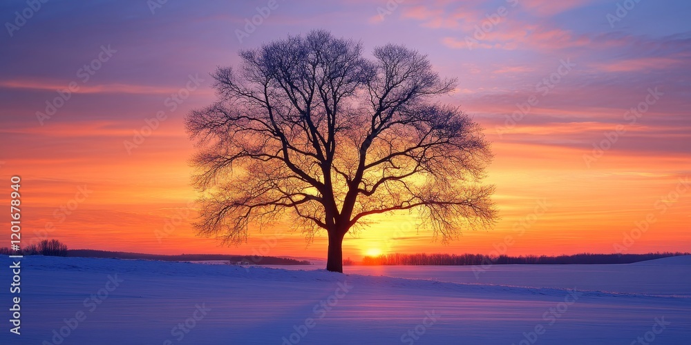Lonesome tree silhouetted against a stunning winter sunset, showcasing the captivating beauty of solitude. This lonesome tree stands as a serene focal point in the tranquil winter landscape. Lonesome tree silhouetted against a stunning winter sunset, showcasing the captivating beauty of solitude. This lonesome tree stands as a serene focal point in the tranquil winter landscape.