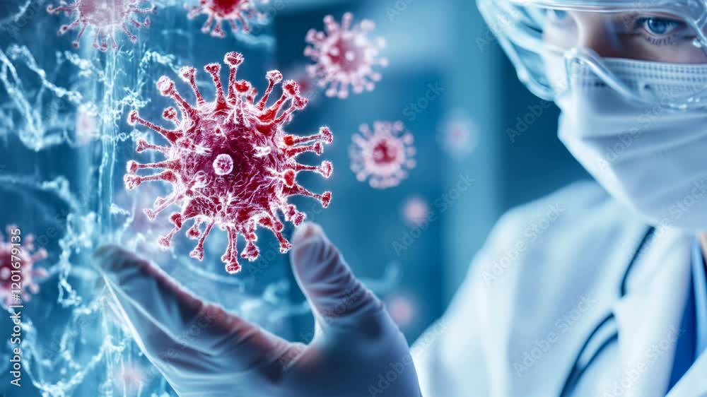 Medical scientist studying coronavirus model, horizontal. healthcare research, virus prevention campaigns, medical education, scientific development content. medical facilities, research institutions