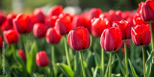 Vibrant red tulips bloom abundantly in a colorful flower plantation farm, showcasing the beauty of blooming red tulips amidst lush greenery and creating a stunning floral display.