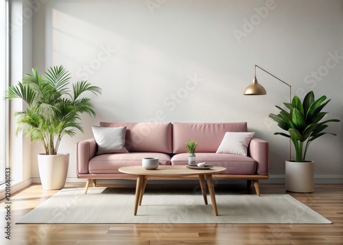 Pink living room mockup showcases minimalist design  featuring plants and a coffee table  rule of thirds applied.