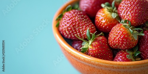 Closeup of vibrant fresh strawberries displayed in an orange bowl, beautifully contrasting against a light blue background, highlighting the freshness of these strawberries in detail.