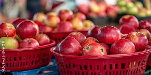 Vibrant red baskets filled with fresh heirloom apples displayed at a bustling farmers market, showcasing the beauty and variety of heirloom apples in a lively setting. photo