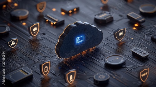Cloud security and privacy govenance. Digital cloud computing concept with glowing icons representing data security and technology on a circuit board background.