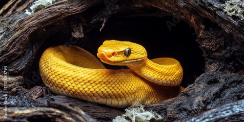 Yellow Eyelash Viper Snake is gracefully emerging from a hollow log, showcasing its vibrant colors. This striking Yellow Eyelash Viper Snake adds intrigue to nature s beauty. photo