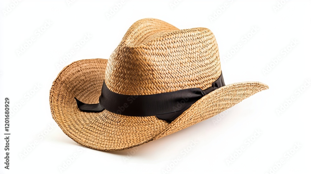 Beige straw hat with a wide brim and a black ribbon tied around the crown, isolated on a white background. Beige straw hat with a wide brim and a black ribbon tied around the crown, isolated on a white background.